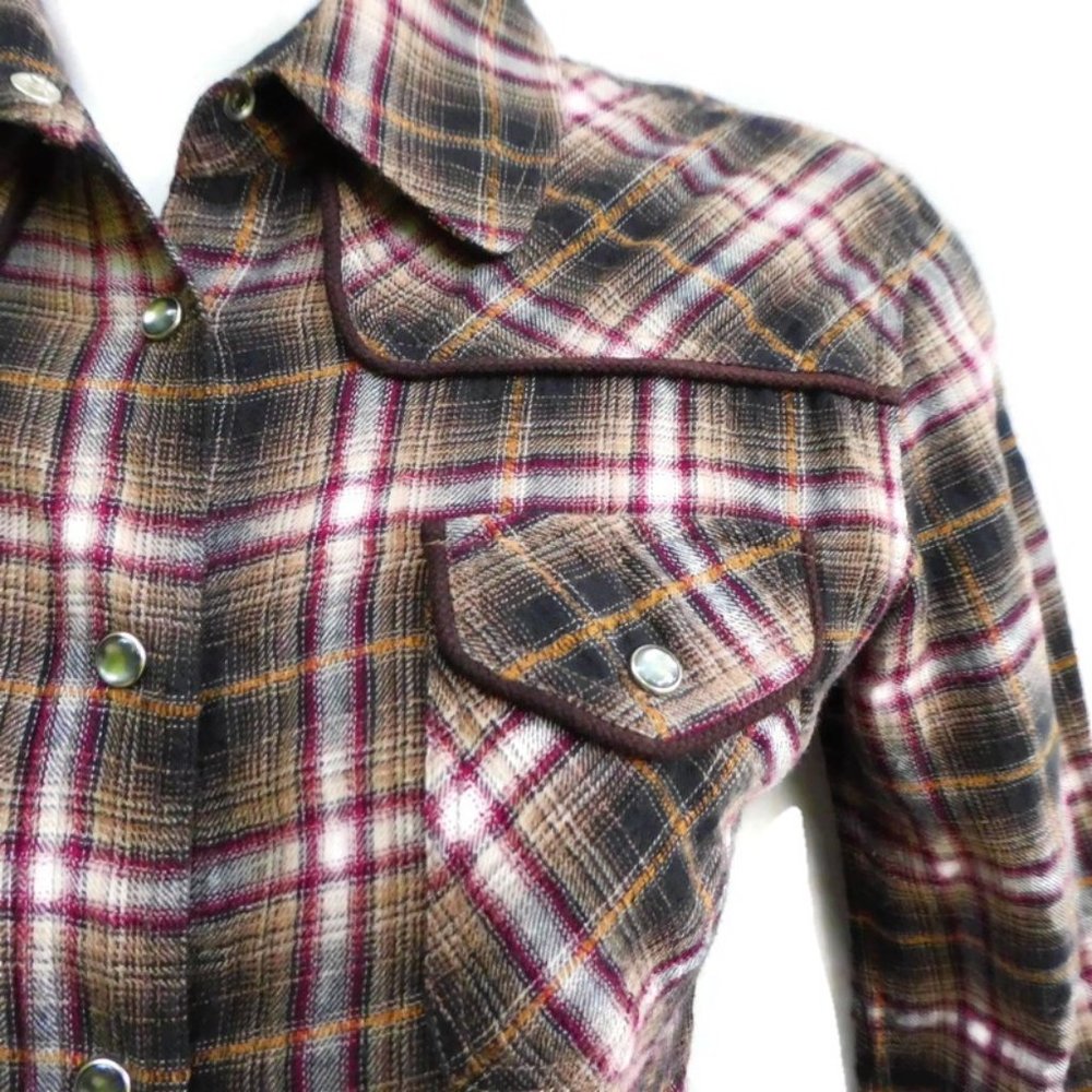 Tylho Anthropologie Shirt Western Pearl Snap Plaid Flannel Burgundy Piping P